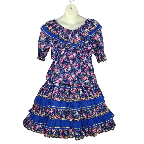 Vintage Square Dance Outfit Lot Medium Blue Floral Off Shoulder - Picture 6 of 12